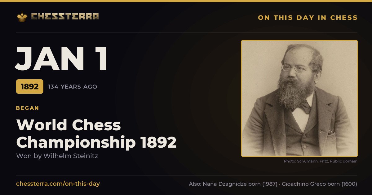 January 1, 1892: World Chess Championship 1892 began, won by Wilhelm Steinitz. On this day in chess history.