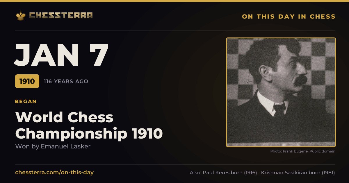 January 7, 1910: World Chess Championship 1910 began, won by Emanuel Lasker. On this day in chess history.