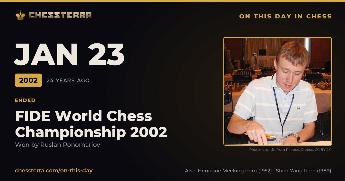 January 23, 2002: FIDE World Chess Championship 2002 ended, won by Ruslan Ponomariov. On this day in chess history.