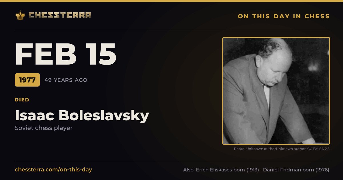 February 15, 1977: Isaac Boleslavsky died. On this day in chess history.