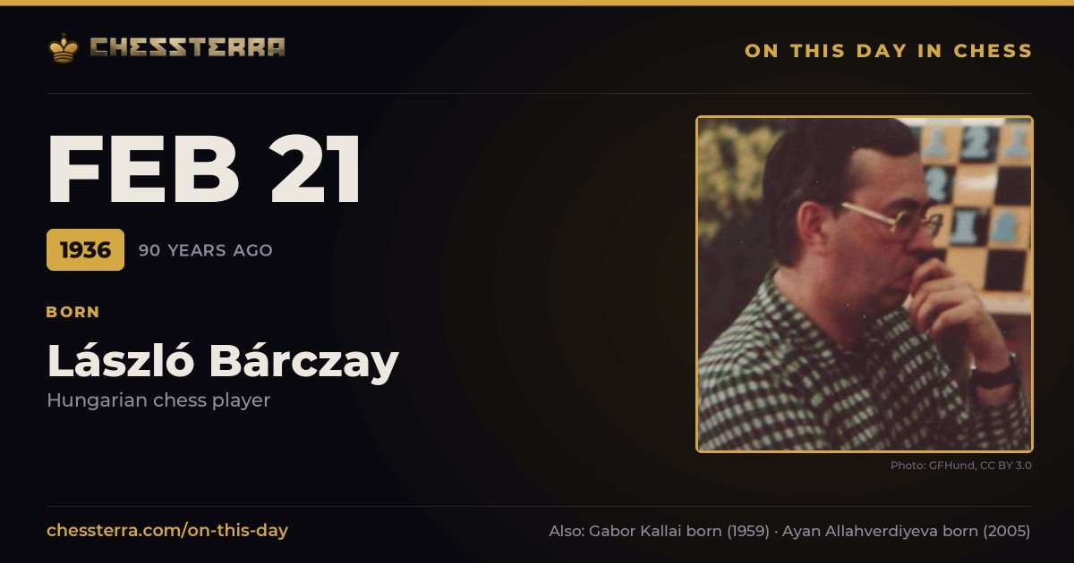 February 21, 1936: László Bárczay was born. On this day in chess history.
