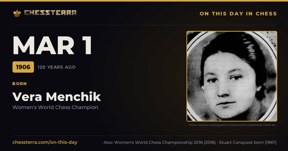 March 1, 1906: Vera Menchik was born. On this day in chess history.