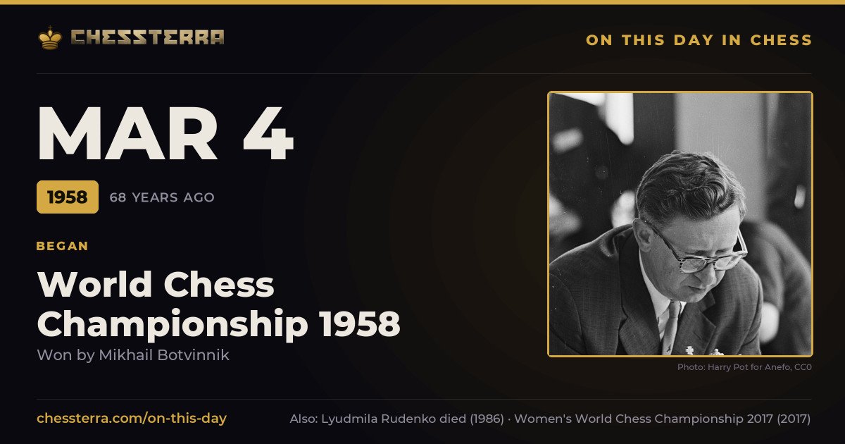 March 4, 1958: World Chess Championship 1958 began, won by Mikhail Botvinnik. On this day in chess history.