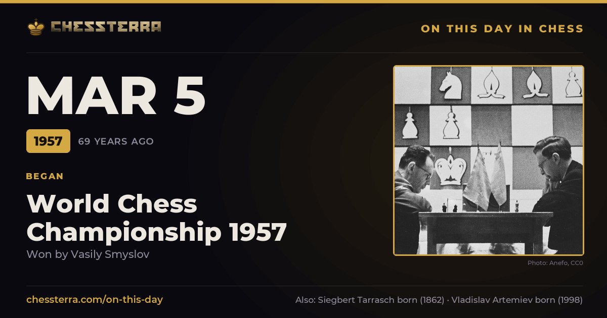 March 5, 1957: World Chess Championship 1957 began, won by Vasily Smyslov. On this day in chess history.