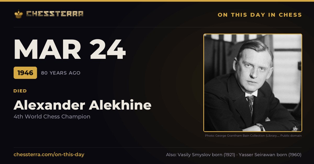 March 24, 1946: Alexander Alekhine died. On this day in chess history.