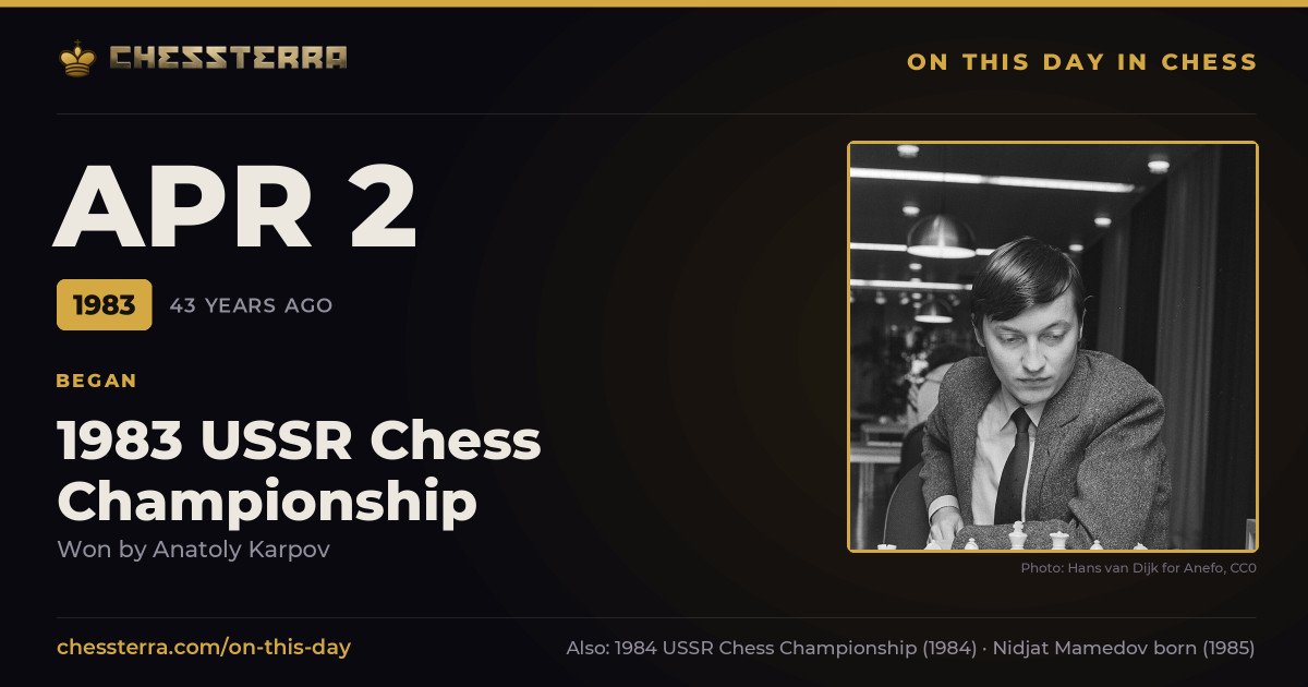 April 2, 1983: 1983 USSR Chess Championship began, won by Anatoly Karpov. On this day in chess history.