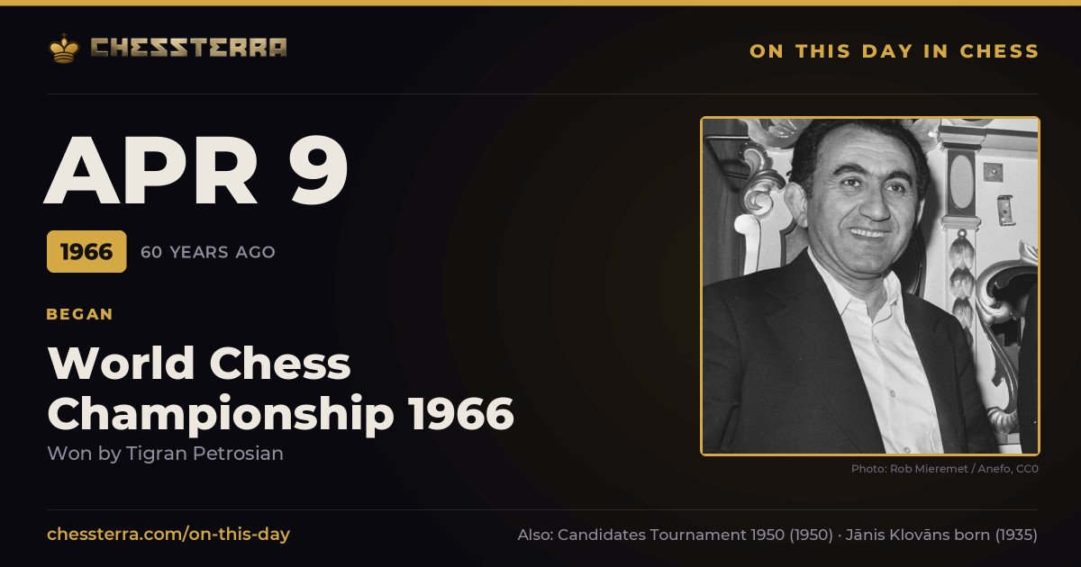 April 9, 1966: World Chess Championship 1966 began, won by Tigran Petrosian. On this day in chess history.
