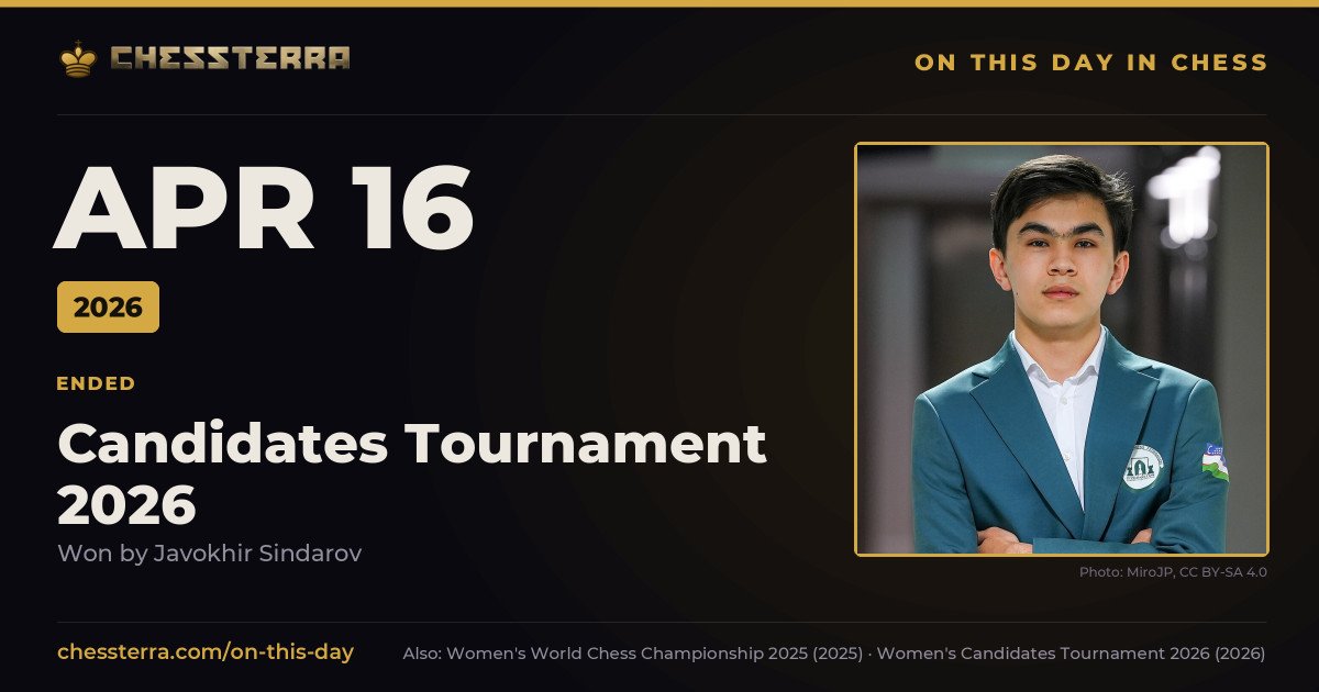 April 16, 2026: Candidates Tournament 2026 ended, won by Javokhir Sindarov. On this day in chess history.