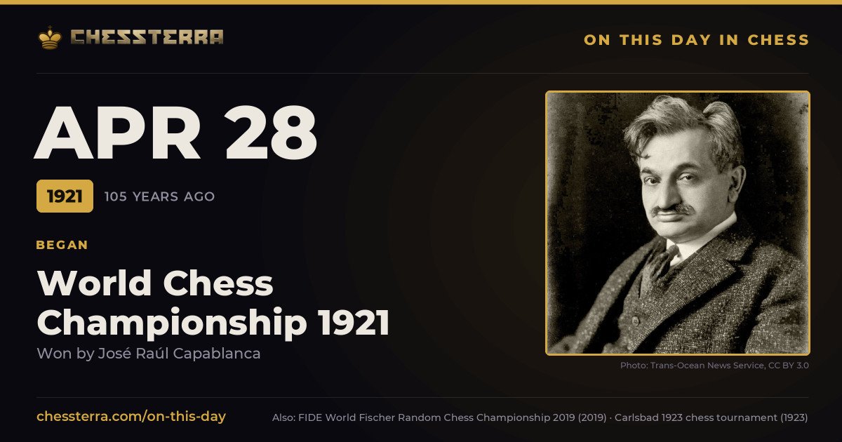 April 28, 1921: World Chess Championship 1921 began, won by José Raúl Capablanca. On this day in chess history.