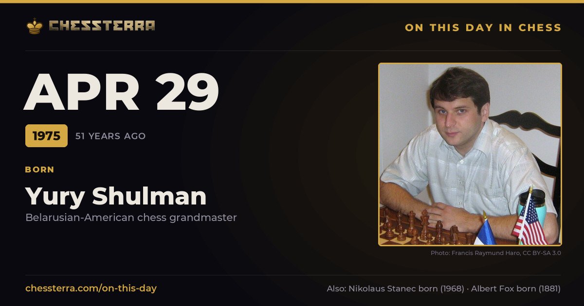April 29, 1975: Yury Shulman was born. On this day in chess history.