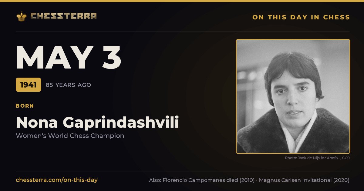 May 3, 1941: Nona Gaprindashvili was born. On this day in chess history.
