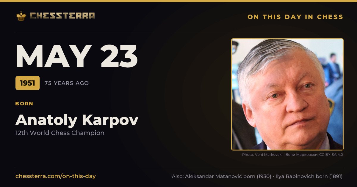 May 23, 1951: Anatoly Karpov was born. On this day in chess history.