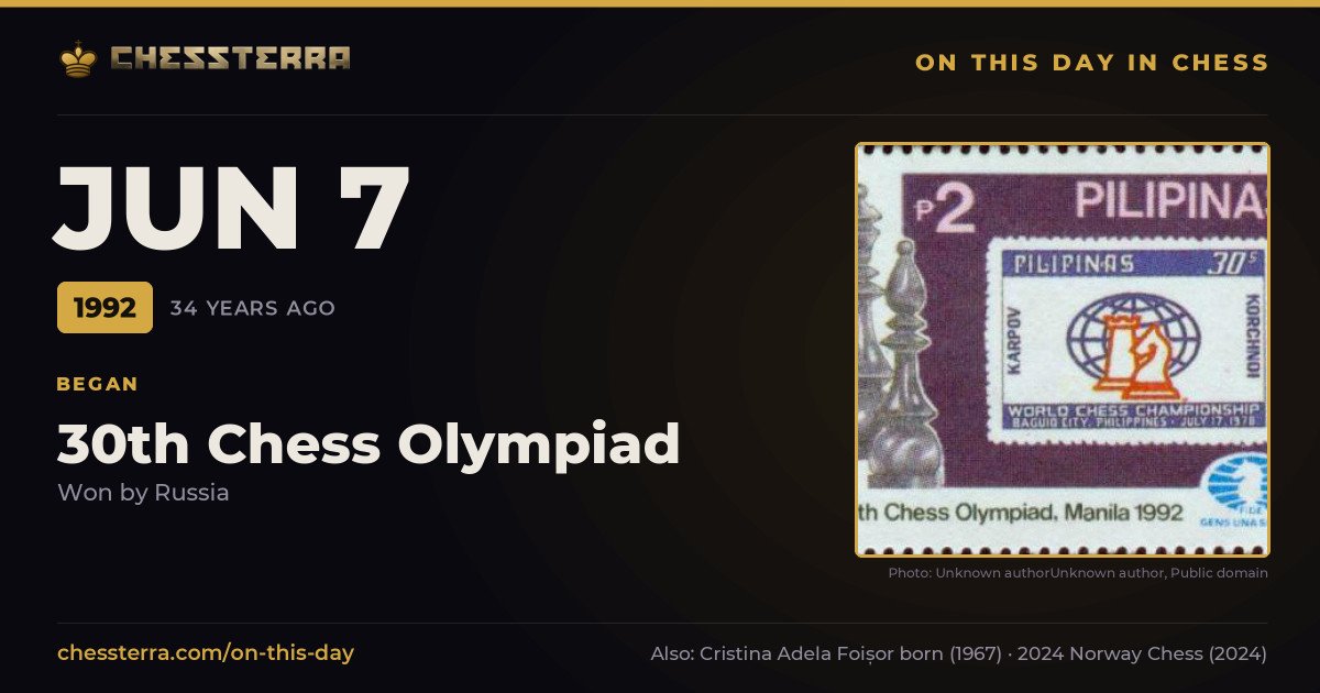 June 7, 1992: 30th Chess Olympiad began, won by Russia. On this day in chess history.