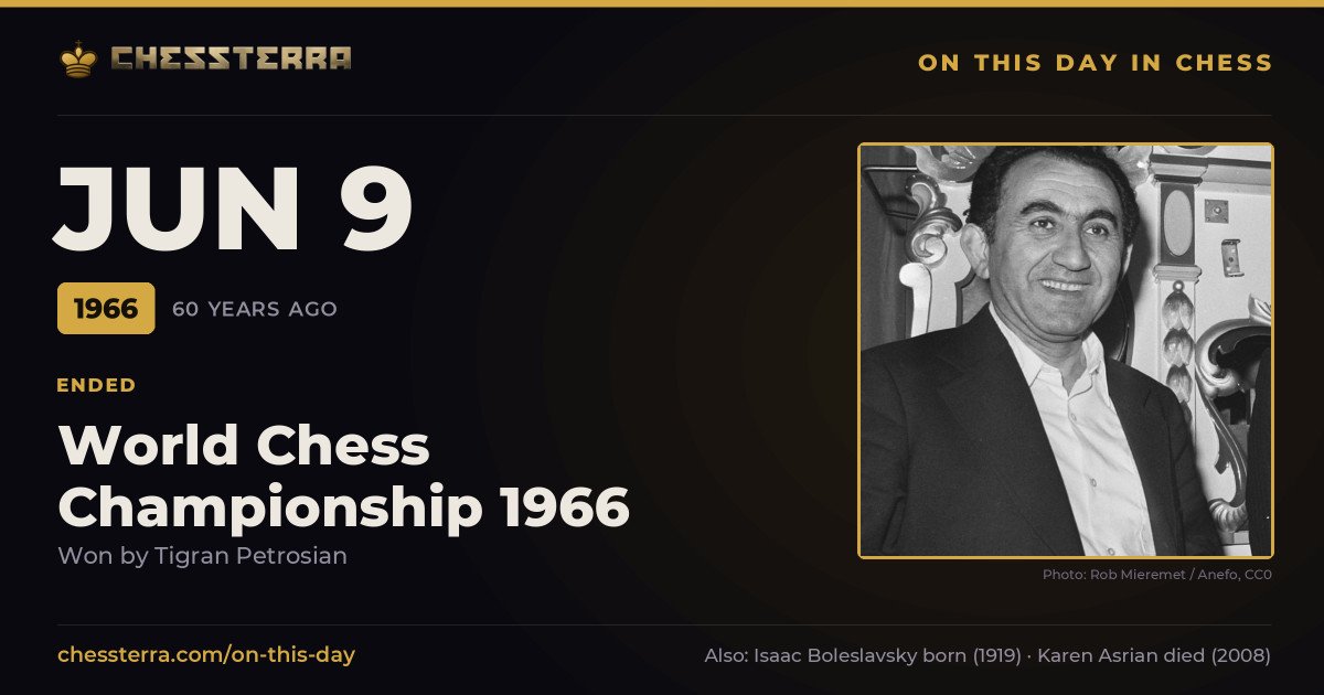 June 9, 1966: World Chess Championship 1966 ended, won by Tigran Petrosian. On this day in chess history.