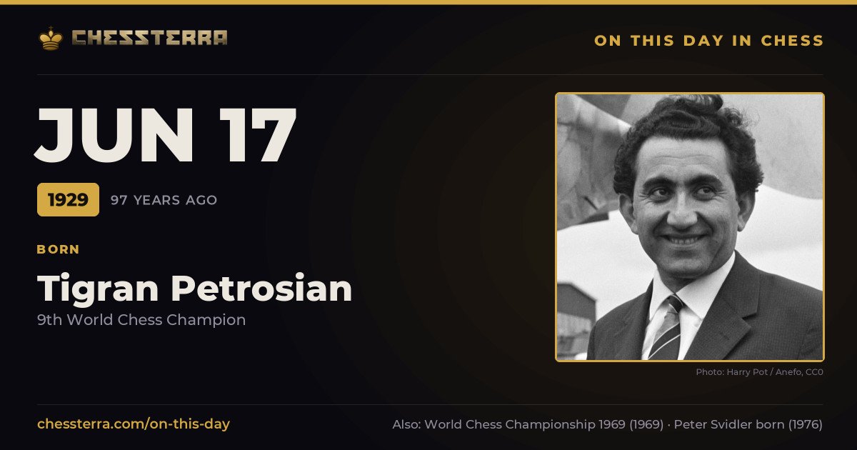 June 17, 1929: Tigran Petrosian was born. On this day in chess history.