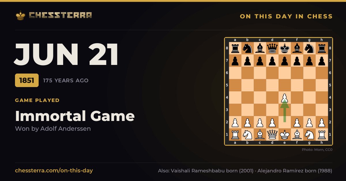 June 21, 1851: Immortal Game was played, won by Adolf Anderssen. On this day in chess history.