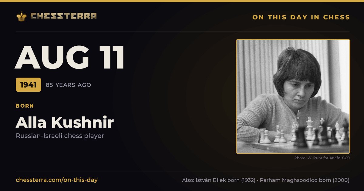 August 11, 1941: Alla Kushnir was born. On this day in chess history.