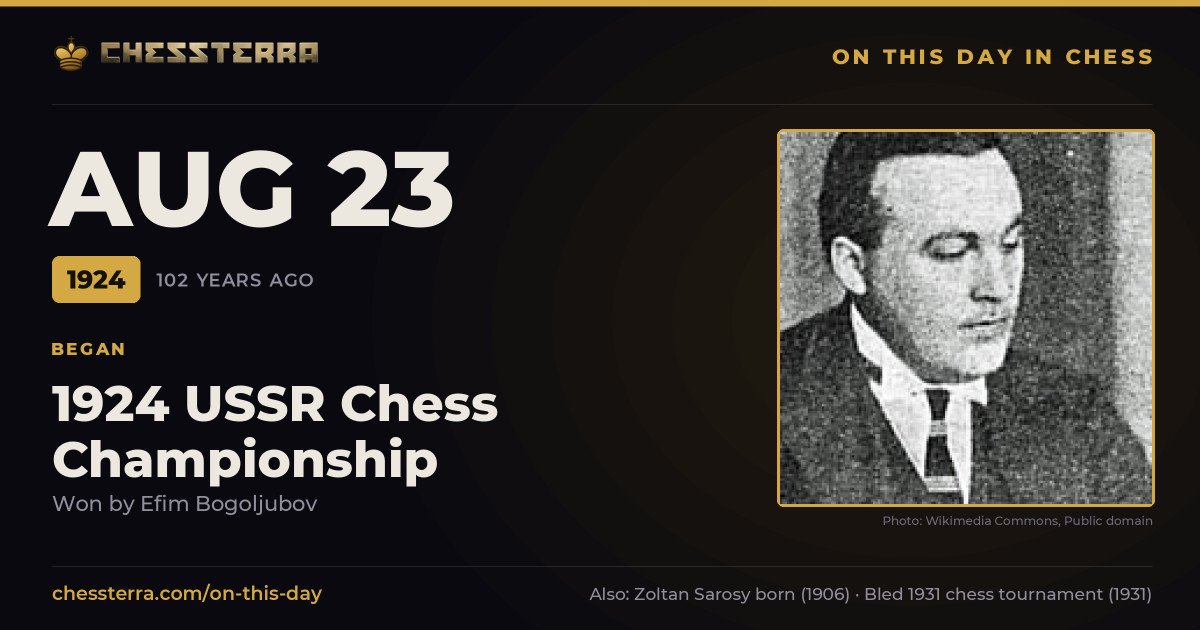 August 23, 1924: 1924 USSR Chess Championship began, won by Efim Bogoljubov. On this day in chess history.