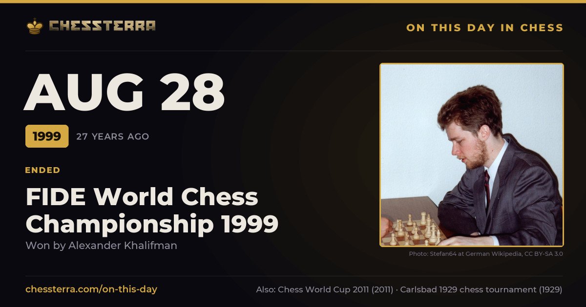August 28, 1999: FIDE World Chess Championship 1999 ended, won by Alexander Khalifman. On this day in chess history.