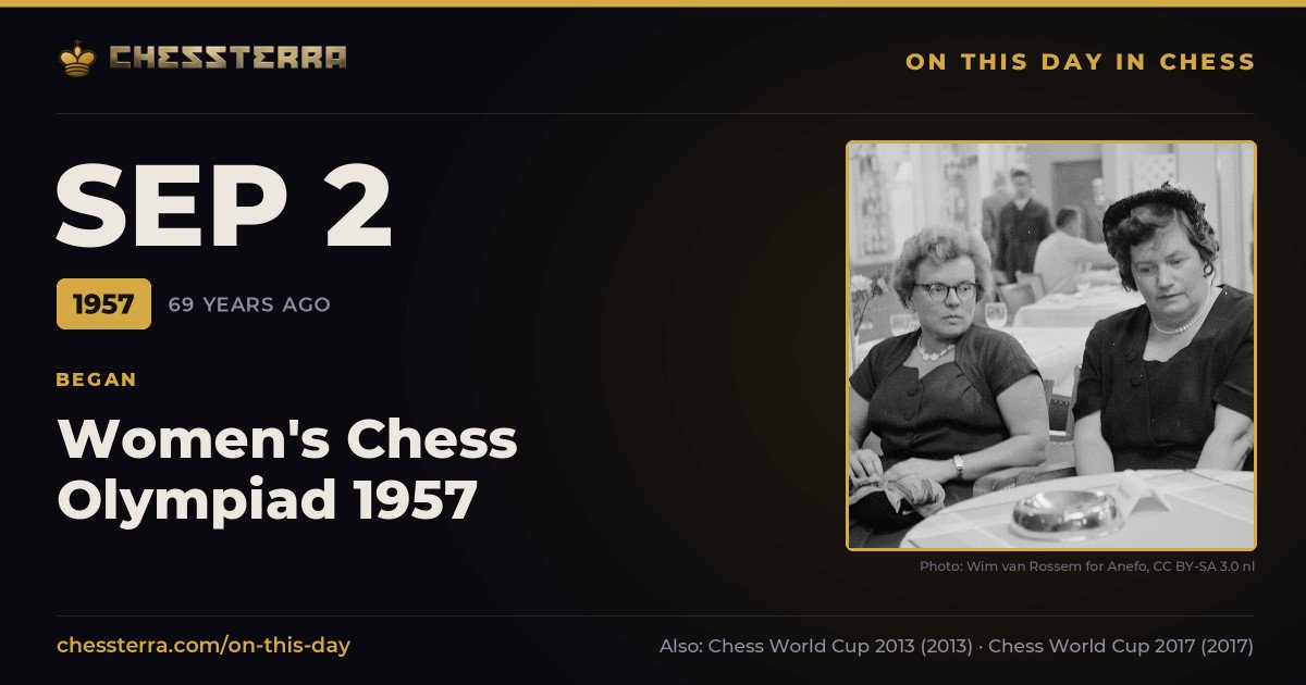 September 2, 1957: Women's Chess Olympiad 1957 began. On this day in chess history.