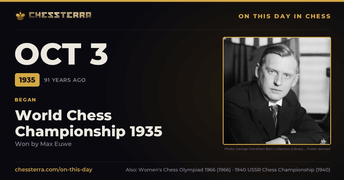 October 3, 1935: World Chess Championship 1935 began, won by Max Euwe. On this day in chess history.