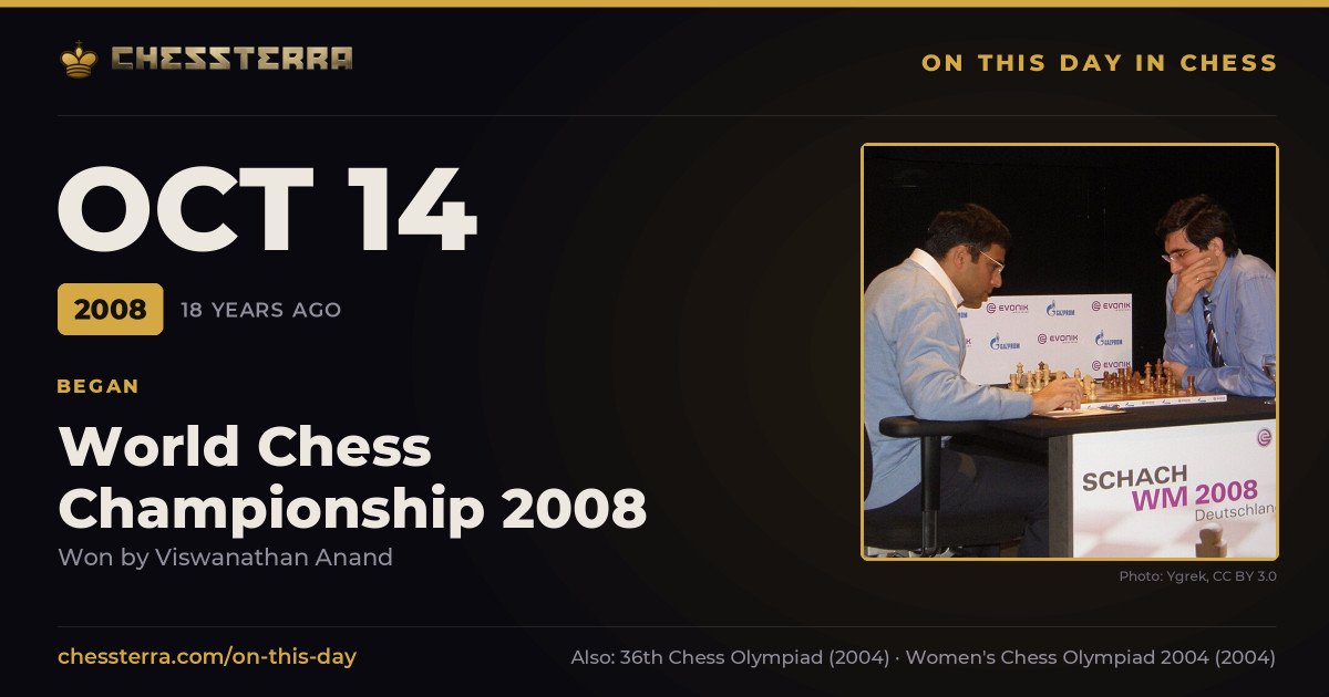 October 14, 2008: World Chess Championship 2008 began, won by Viswanathan Anand. On this day in chess history.