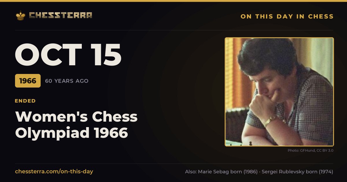 October 15, 1966: Women's Chess Olympiad 1966 ended. On this day in chess history.