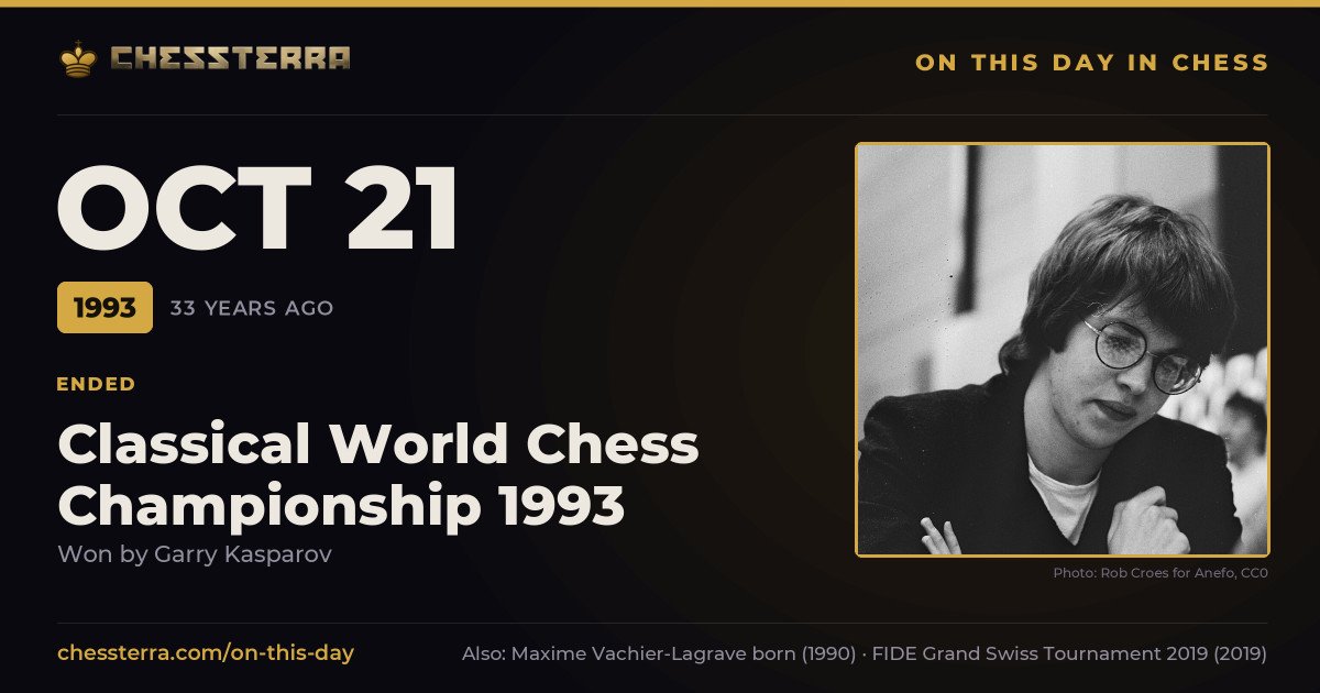 October 21, 1993: Classical World Chess Championship 1993 ended, won by Garry Kasparov. On this day in chess history.