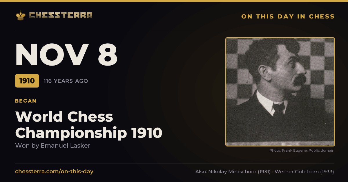 November 8, 1910: World Chess Championship 1910 began, won by Emanuel Lasker. On this day in chess history.