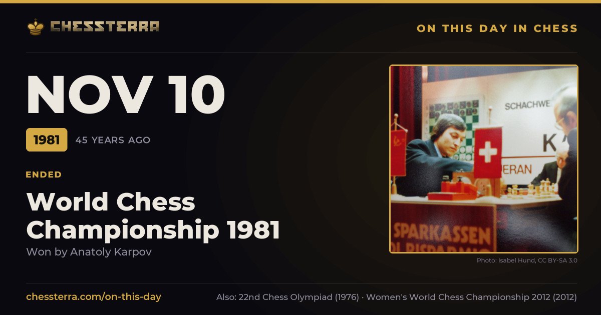 November 10, 1981: World Chess Championship 1981 ended, won by Anatoly Karpov. On this day in chess history.