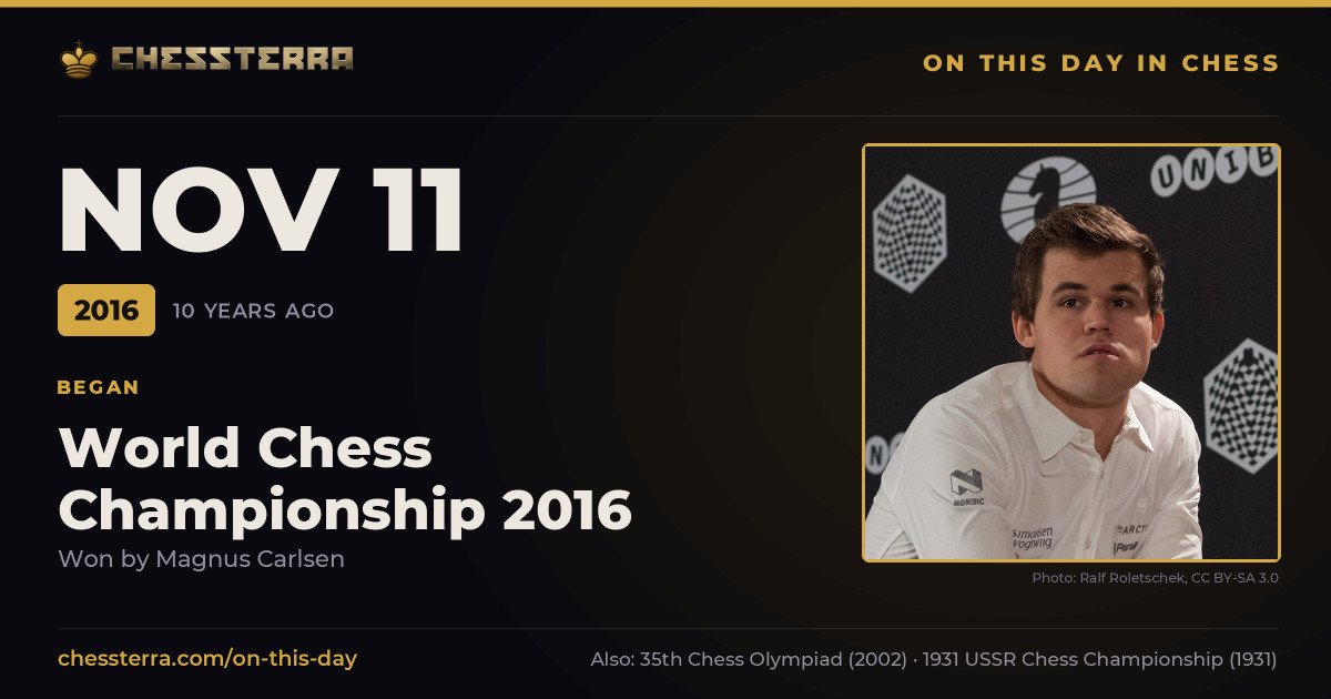 November 11, 2016: World Chess Championship 2016 began, won by Magnus Carlsen. On this day in chess history.