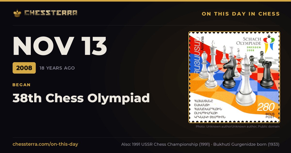 November 13, 2008: 38th Chess Olympiad began. On this day in chess history.