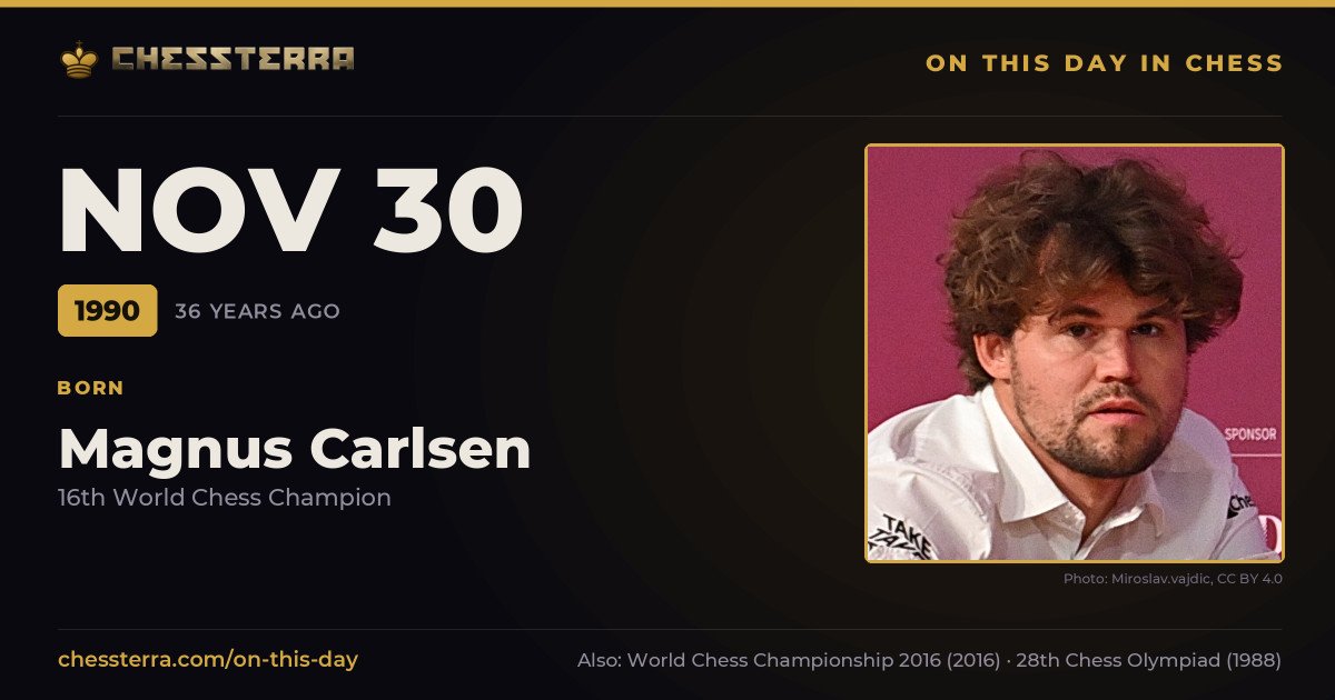 November 30, 1990: Magnus Carlsen was born. On this day in chess history.