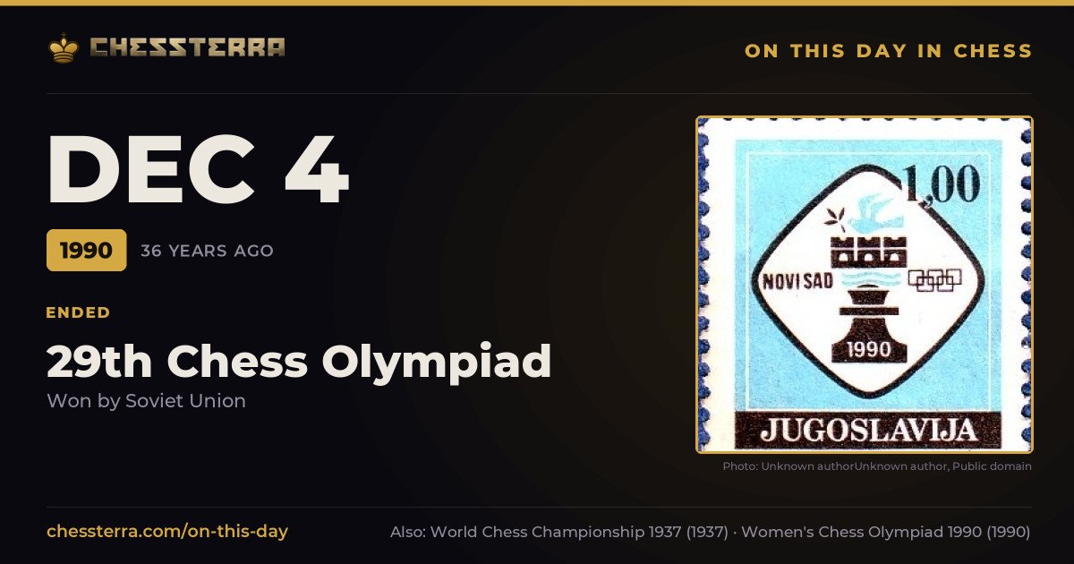 December 4, 1990: 29th Chess Olympiad ended, won by Soviet Union. On this day in chess history.